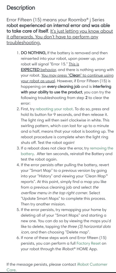 iRobot mobile app error 15 “explanation”
